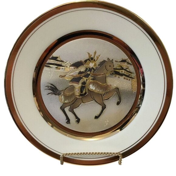 VTG CHOKIN Plate #1160 Samurai Warrior Horseback 24K Gold Silver Art Japan 1983 - Picture 1 of 3